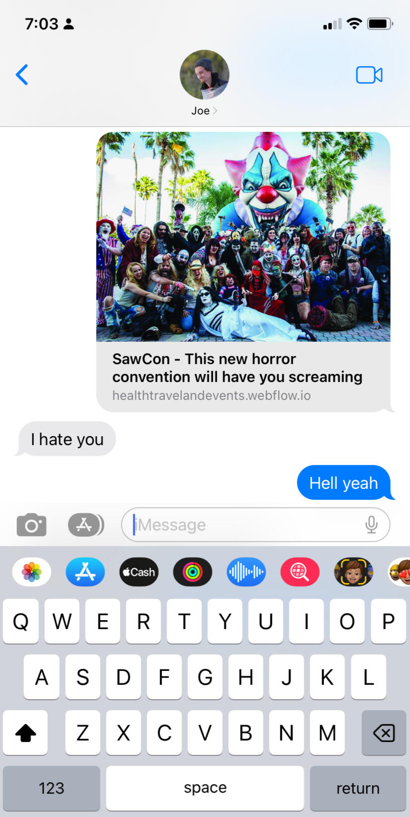 Example of FakeArticle.net articles being sent over iMessage